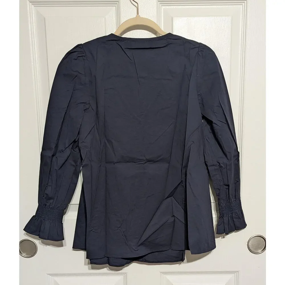 Tuckernuck NWOT Pomander Place Easton Blouse XS Navy V-Neck Puff Sleeve Top